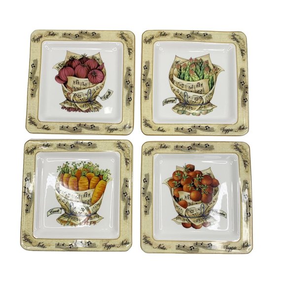 Vintage Lot 4 Veggie Notes 7.5" Square Made Italy Salad Lunch Appetizer Plates - Picture 1 of 11